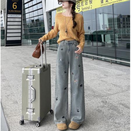 FA49818# -春秋复古蓝小狗刺绣阔腿牛仔裤女高腰休闲慵懒直筒拖地裤 服裝批發女裝批發服飾貨源