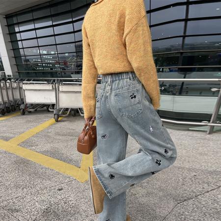 FA49818# -春秋复古蓝小狗刺绣阔腿牛仔裤女高腰休闲慵懒直筒拖地裤 服裝批發女裝批發服飾貨源