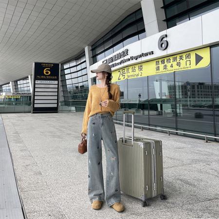 FA49818# -春秋复古蓝小狗刺绣阔腿牛仔裤女高腰休闲慵懒直筒拖地裤 服裝批發女裝批發服飾貨源