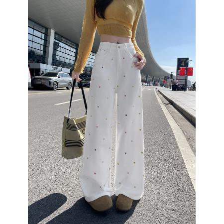 FA49819# -春秋白色波点阔腿牛仔裤女高腰显瘦直筒梨形身材拖地弯刀裤 服裝批發女裝批發服飾貨源