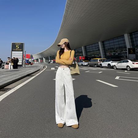 FA49819# -春秋白色波点阔腿牛仔裤女高腰显瘦直筒梨形身材拖地弯刀裤 服裝批發女裝批發服飾貨源