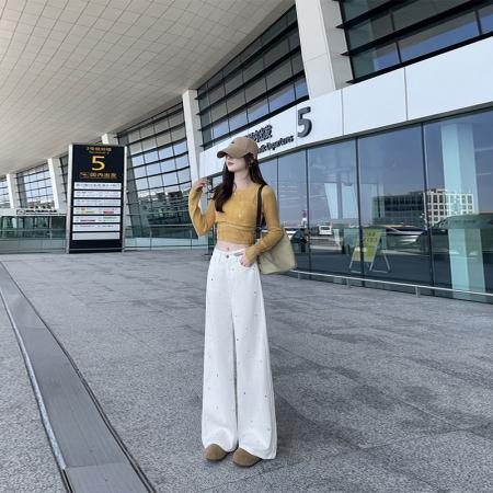 FA49819# -春秋白色波点阔腿牛仔裤女高腰显瘦直筒梨形身材拖地弯刀裤 服裝批發女裝批發服飾貨源