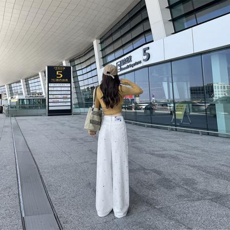 FA49819# -春秋白色波点阔腿牛仔裤女高腰显瘦直筒梨形身材拖地弯刀裤 服裝批發女裝批發服飾貨源