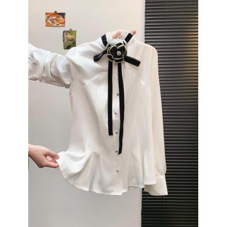 FA49821# 秋冬季新款设计感小众时尚简约收腰灯笼袖花朵立领白色衬衫 服裝批發女裝批發服飾貨源