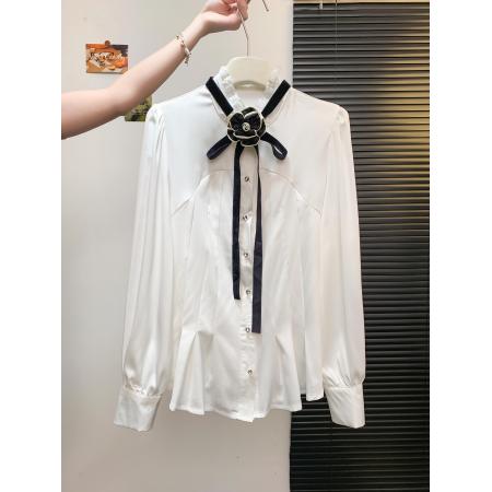 FA49821# 秋冬季新款设计感小众时尚简约收腰灯笼袖花朵立领白色衬衫 服裝批發女裝批發服飾貨源