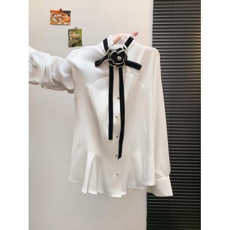 FA49821# 秋冬季新款设计感小众时尚简约收腰灯笼袖花朵立领白色衬衫 服裝批發女裝批發服飾貨源