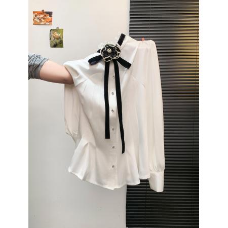 FA49821# 秋冬季新款设计感小众时尚简约收腰灯笼袖花朵立领白色衬衫 服裝批發女裝批發服飾貨源