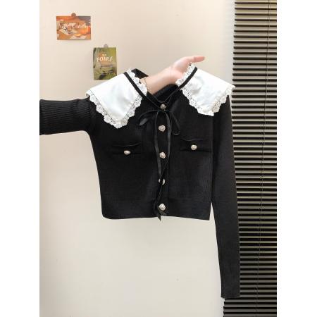 FA49822# 法式小香风娃娃领针织衫女秋设计感撞色单排扣短款毛衣 服裝批發女裝批發服飾貨源