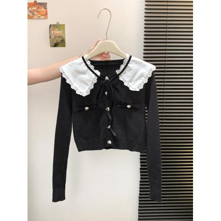 FA49822# 法式小香风娃娃领针织衫女秋设计感撞色单排扣短款毛衣 服裝批發女裝批發服飾貨源