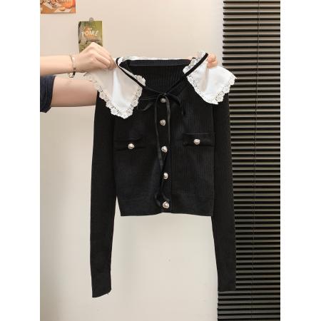 FA49822# 法式小香风娃娃领针织衫女秋设计感撞色单排扣短款毛衣 服裝批發女裝批發服飾貨源