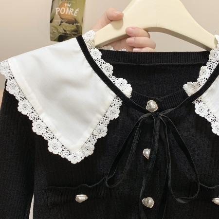 FA49822# 法式小香风娃娃领针织衫女秋设计感撞色单排扣短款毛衣 服裝批發女裝批發服飾貨源