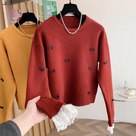 FA49823# 超好看蝴蝶结红色正肩毛衣女早秋大码胖mm蕾丝袖洋气减龄上衣 服裝批發女裝批發服飾貨源