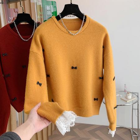 FA49823# 超好看蝴蝶结红色正肩毛衣女早秋大码胖mm蕾丝袖洋气减龄上衣 服裝批發女裝批發服飾貨源