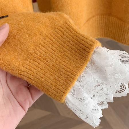 FA49823# 超好看蝴蝶结红色正肩毛衣女早秋大码胖mm蕾丝袖洋气减龄上衣 服裝批發女裝批發服飾貨源