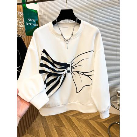 FA49824# 蝴蝶结长袖卫衣女秋季新款大码微胖mm设计感宽松显瘦套头短款上衣 服裝批發女裝批發服飾貨源