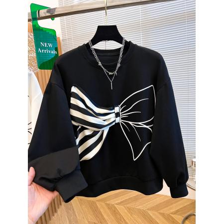 FA49824# 蝴蝶结长袖卫衣女秋季新款大码微胖mm设计感宽松显瘦套头短款上衣 服裝批發女裝批發服飾貨源