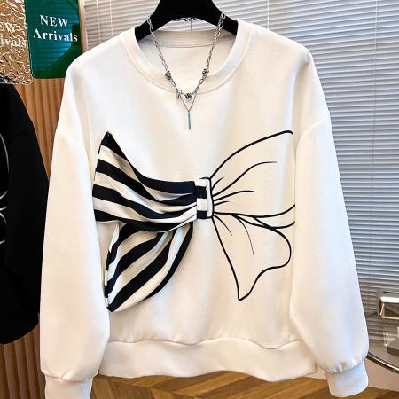 FA49824# 蝴蝶结长袖卫衣女秋季新款大码微胖mm设计感宽松显瘦套头短款上衣 服裝批發女裝批發服飾貨源