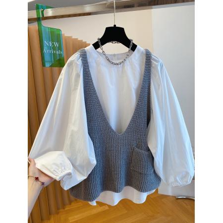 减龄针织马甲衬衫两件套上衣女新...