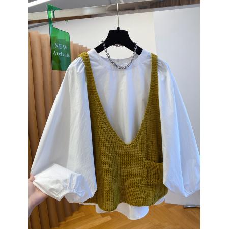 FA49825# 减龄针织马甲衬衫两件套上衣女新款宽松叠穿早秋氛围感穿搭 服裝批發女裝批發服飾貨源