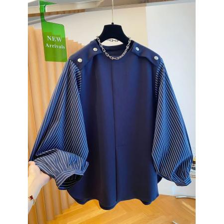 FA49827# 设计感小众条纹拼接卫衣女新款秋季宽松中长款遮屁股上衣 服裝批發女裝批發服飾貨源