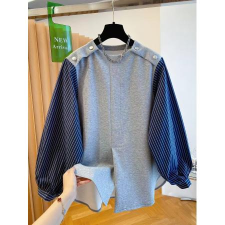 FA49827# 设计感小众条纹拼接卫衣女新款秋季宽松中长款遮屁股上衣 服裝批發女裝批發服飾貨源