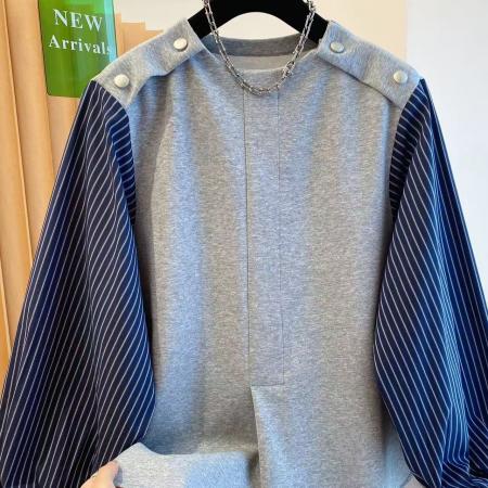 FA49827# 设计感小众条纹拼接卫衣女新款秋季宽松中长款遮屁股上衣 服裝批發女裝批發服飾貨源