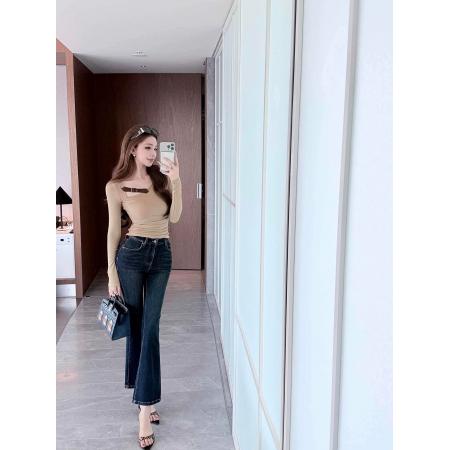 FA49830# 法式咖色露肩长袖T恤女秋冬性感辣妹小个子修身显瘦百搭短款上衣 服裝批發女裝批發服飾貨源