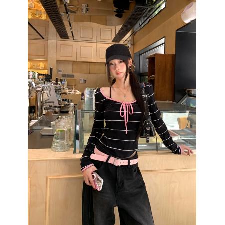 FA49832# 红人馆长袖打底衫女早秋独特超好看条纹t恤黑色巨好看的修身上衣 服裝批發女裝批發服飾貨源