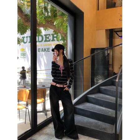 FA49832# 红人馆长袖打底衫女早秋独特超好看条纹t恤黑色巨好看的修身上衣 服裝批發女裝批發服飾貨源