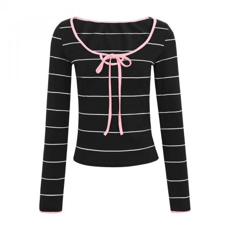 FA49832# 红人馆长袖打底衫女早秋独特超好看条纹t恤黑色巨好看的修身上衣 服裝批發女裝批發服飾貨源