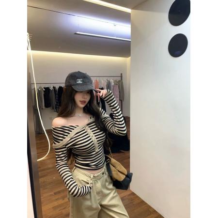 FA49833# 香肩美学欲辣韩女限定翻领一字肩条纹上衣 服裝批發女裝批發服飾貨源