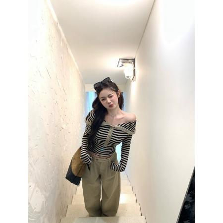 FA49833# 香肩美学欲辣韩女限定翻领一字肩条纹上衣 服裝批發女裝批發服飾貨源