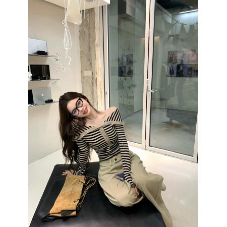 FA49833# 香肩美学欲辣韩女限定翻领一字肩条纹上衣 服裝批發女裝批發服飾貨源