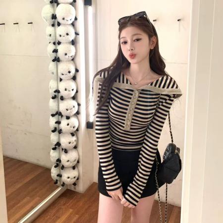 FA49833# 香肩美学欲辣韩女限定翻领一字肩条纹上衣 服裝批發女裝批發服飾貨源