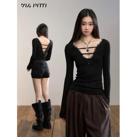 FA49834# 设计感正反两穿蕾丝拼接长袖T恤女装秋冬修身莱赛尔上衣 服裝批發女裝批發服飾貨源