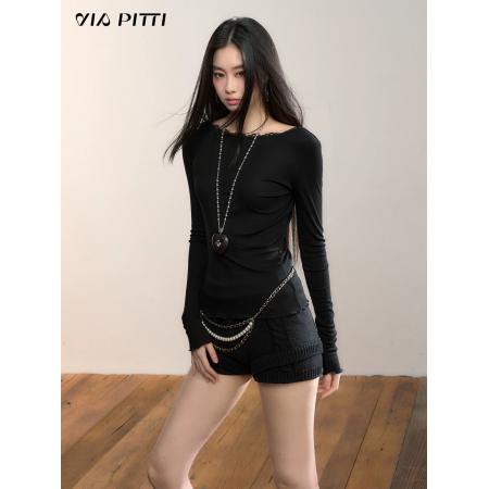 FA49834# 设计感正反两穿蕾丝拼接长袖T恤女装秋冬修身莱赛尔上衣 服裝批發女裝批發服飾貨源