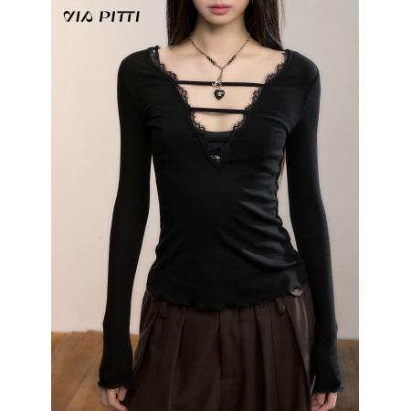 FA49834# 设计感正反两穿蕾丝拼接长袖T恤女装秋冬修身莱赛尔上衣 服裝批發女裝批發服飾貨源