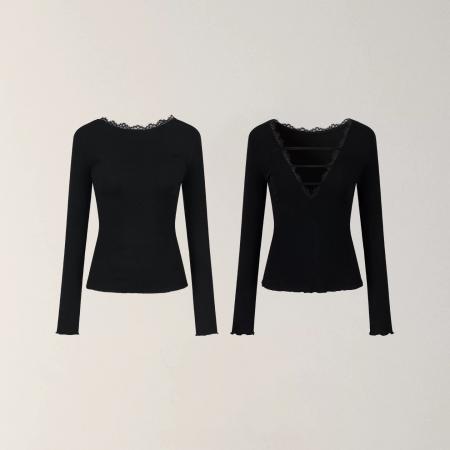 FA49834# 设计感正反两穿蕾丝拼接长袖T恤女装秋冬修身莱赛尔上衣 服裝批發女裝批發服飾貨源