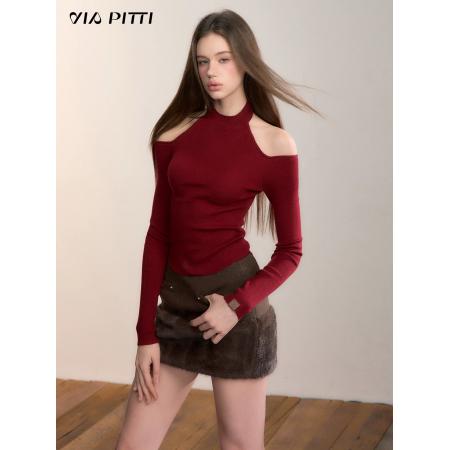 FA49836# 设计感正反两穿小高领露肩毛织打底T恤女装秋冬修身上衣 服裝批發女裝批發服飾貨源