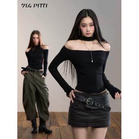 FA49836# 设计感正反两穿小高领露肩毛织打底T恤女装秋冬修身上衣 服裝批發女裝批發服飾貨源