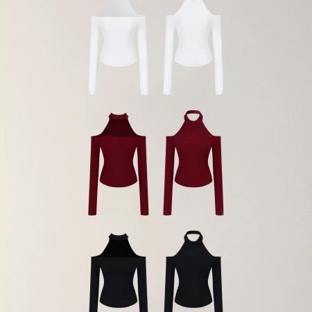 FA49836# 设计感正反两穿小高领露肩毛织打底T恤女装秋冬修身上衣 服裝批發女裝批發服飾貨源