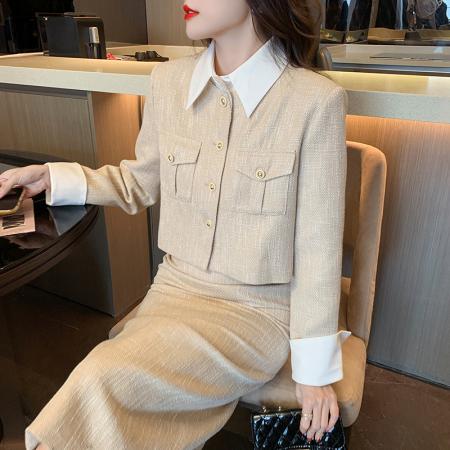 FA49837# 新款韩系学院风气质小香风长袖拼接外套+高腰半身裙两件套 服裝批發女裝批發服飾貨源