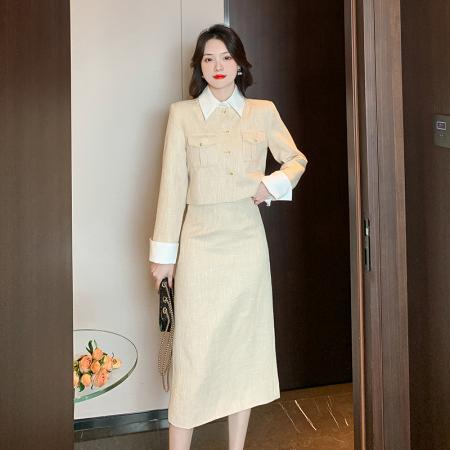 FA49837# 新款韩系学院风气质小香风长袖拼接外套+高腰半身裙两件套 服裝批發女裝批發服飾貨源