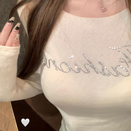 FA49838# 秋冬磨毛白色字母烫钻圆领长袖T恤女收腰打底衫辣妹紧身内搭上衣 服裝批發女裝批發服飾貨源