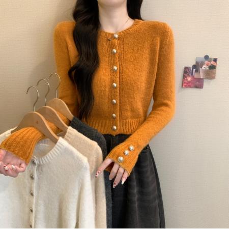 FA49839# 秋冬新款韩系纯欲圆领甜辣马海毛软糯小香风正肩开衫毛衣 服裝批發女裝批發服飾貨源