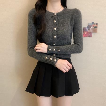 FA49839# 秋冬新款韩系纯欲圆领甜辣马海毛软糯小香风正肩开衫毛衣 服裝批發女裝批發服飾貨源