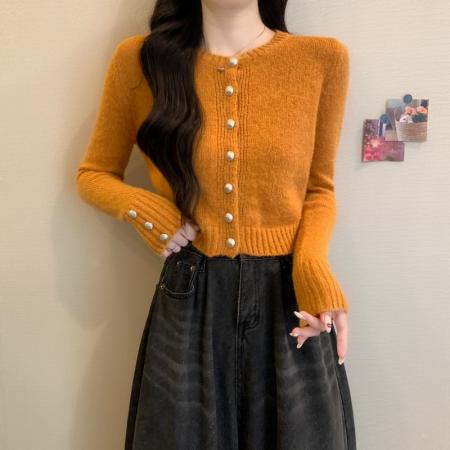 FA49839# 秋冬新款韩系纯欲圆领甜辣马海毛软糯小香风正肩开衫毛衣 服裝批發女裝批發服飾貨源