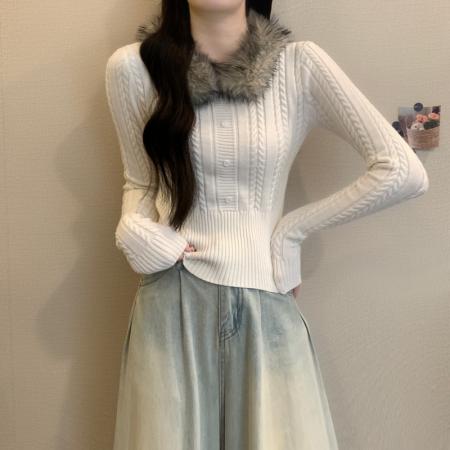 FA49840# 秋冬新款韩系简约设计感气质麻花可卸毛领保暖百搭毛衣 服裝批發女裝批發服飾貨源