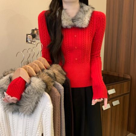 FA49840# 秋冬新款韩系简约设计感气质麻花可卸毛领保暖百搭毛衣 服裝批發女裝批發服飾貨源