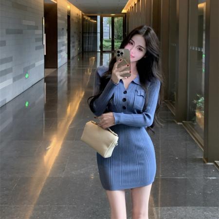 FA49841# 韩国复古小众长袖包臀裙女辣妹性感收腰显瘦连衣裙秋冬气质打底裙 服裝批發女裝批發服飾貨源